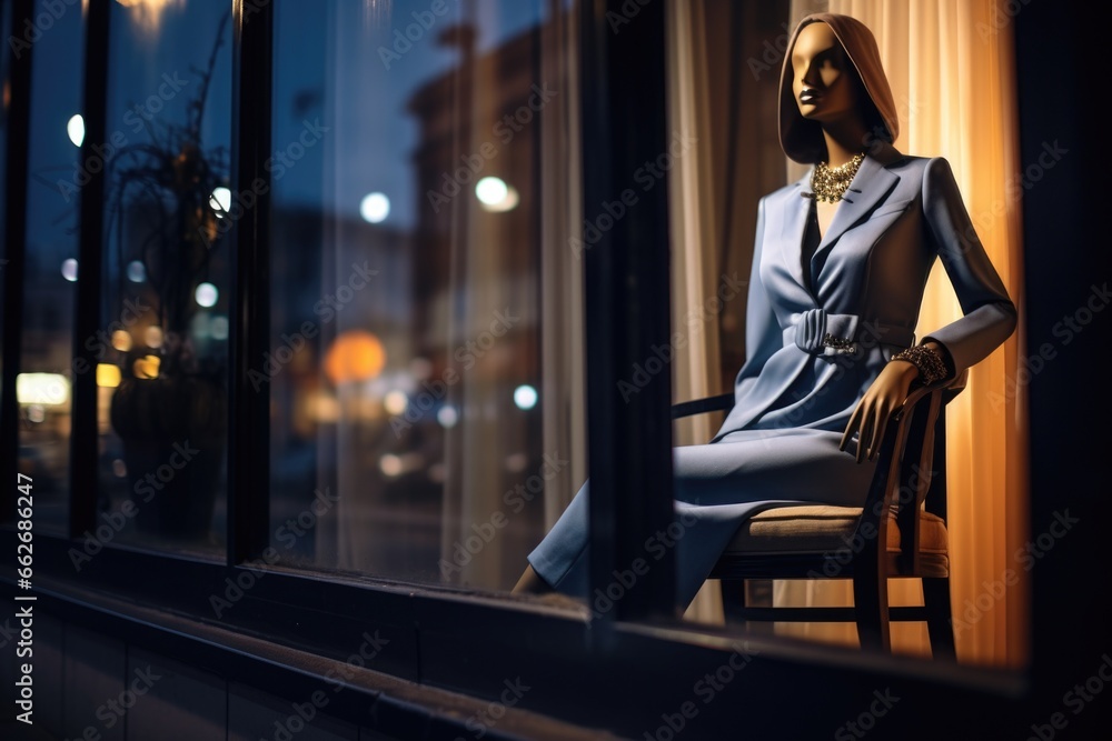 mannequin in a boutique window wearing evening wear