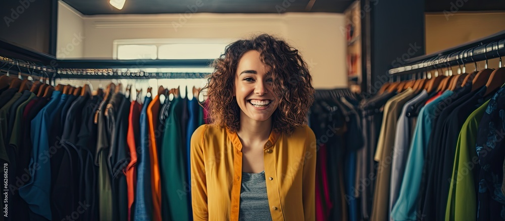 Happy woman shopping on Black Friday having fun and updating her wardrobe at a boutique With copyspace for text Happy woman shopping on Black Friday having fun and updating her wardrobe at a boutique With copyspace for text