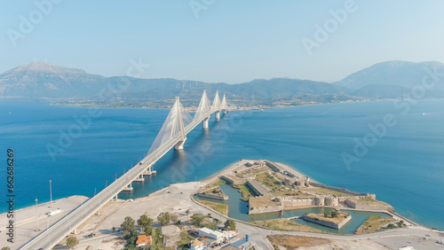 Patras, Greece. Rio Fortress. The Rio-Antirrio Bridge. Officially the Charilaos Trikoupis Bridge. Bridge over the Gulf of Corinth (Strait of Rion and Andirion), Aerial View photo