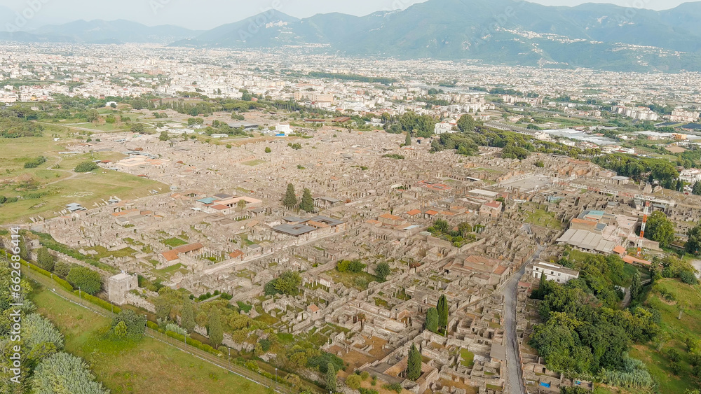 Pompeii, Italy. Pompeii is a large ancient Roman city, now a large-scale archaeological complex. General view from above, Aerial View
