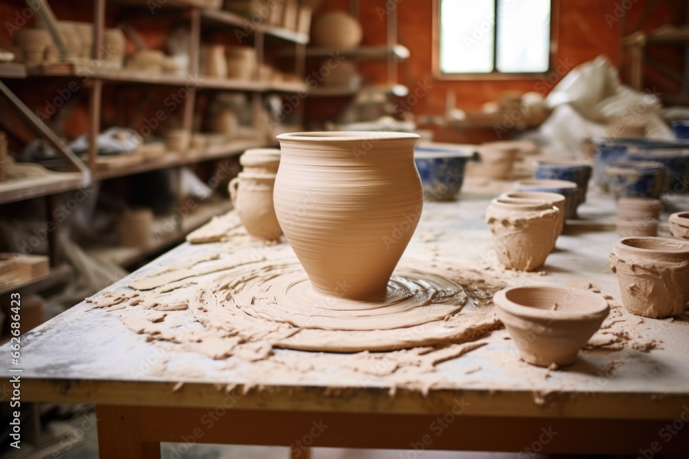 untouched clay on a table in a pottery studio untouched clay on a table in a pottery studio
