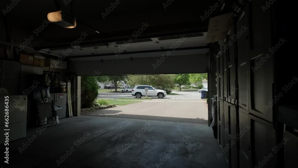 Garage Door Opening Move Up to Ceiling. Inside view footage Garage Door Opening Move Up to Ceiling. Inside view footage