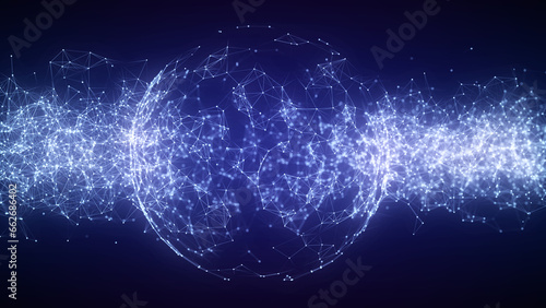 Futuristic sci-fi sphere in space with waves around. Technology circle a network connection big data. Digital ai background with particles. 3D wireframe geometric sphere. 3D rendering. photo