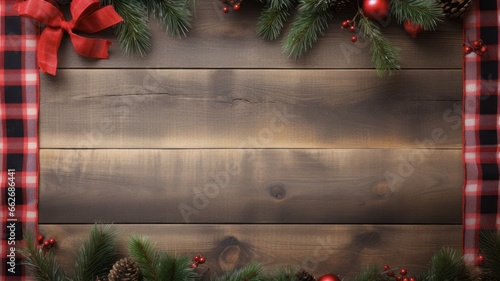 Festive Christmas Border with Buffalo Plaid Ribbon, Ornaments, and Rustic Wooden Background