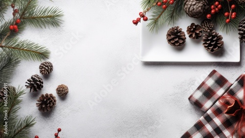 Calm Christmas Still Life with Buffalo Check Decorations and Pine Tree Features on White Table Background.