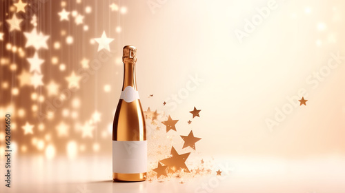 Gold champagne bottle with clean label for product design against golden background