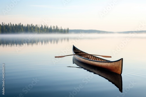 a solo canoe resting on a calm, pristine lake