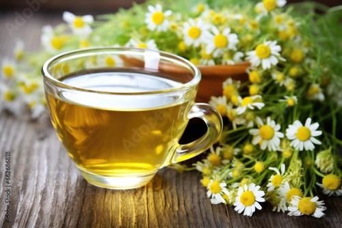 chamomile flowers and tea, an herbal relief for skin irritation