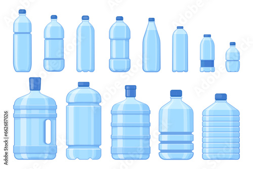 Water plastic bottles. Cartoon empty plastic water bottles, fizzy mineral water containers with lids, wet packaging for delivery. Vector isolated set