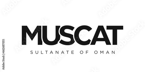 Muscat in the Oman emblem. The design features a geometric style, vector illustration with bold typography in a modern font. The graphic slogan lettering.