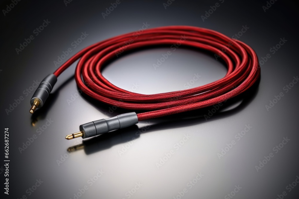 a single red audio cable on a gray background a single red audio cable on a gray background