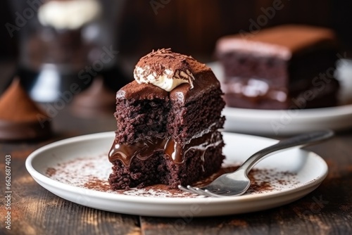 chocolate cake slice with a single fork