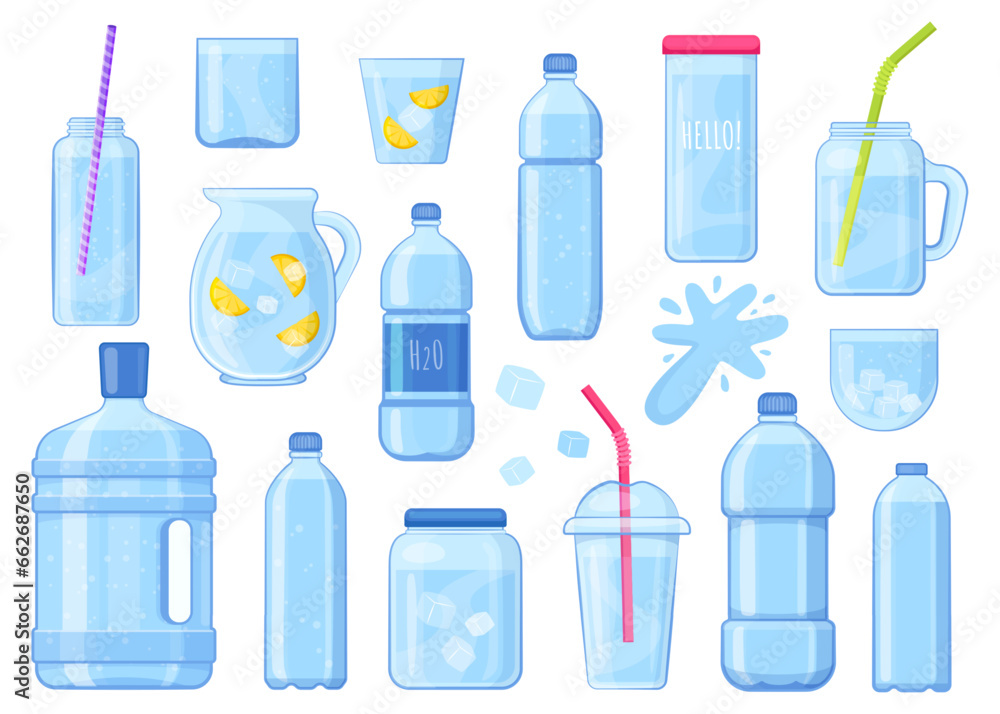 Cartoon water package set. Glass bottles and plastic containers with cold water, beverage natural element. Vector isolated collection Cartoon water package set. Glass bottles and plastic containers with cold water, beverage natural element. Vector isolated collection