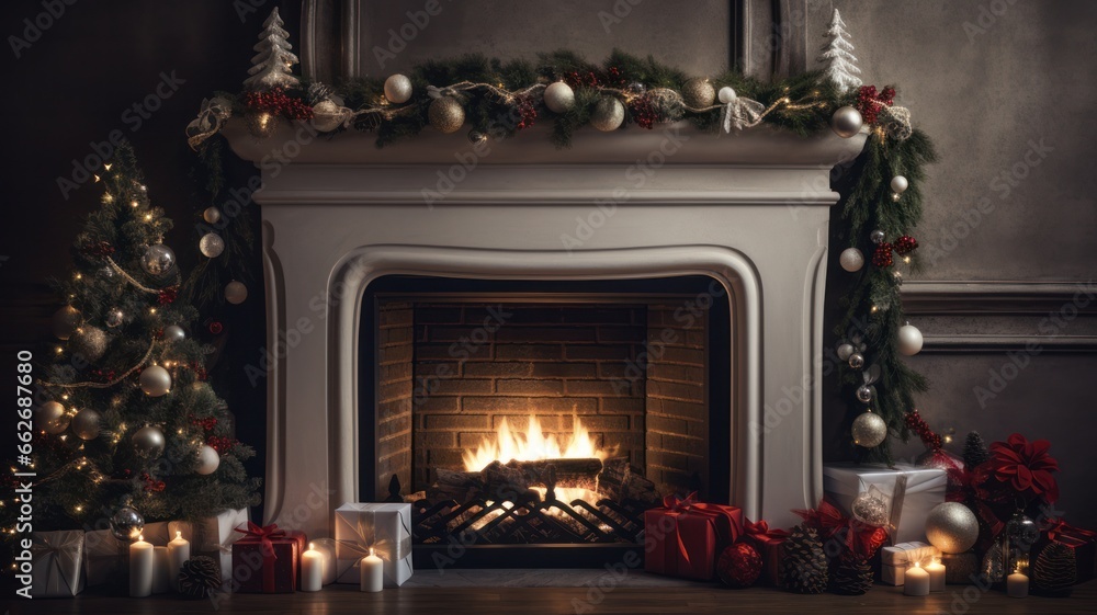 Cozy Holiday Vibes: An Empty Christmas Room with a Festive Fireplace and Space for Creativity