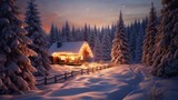 Cozy Cabin in Snowy Carpathian Mountains for Christmas Holiday Concept