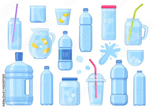 Cartoon water package set. Glass bottles and plastic containers with cold water, beverage natural element. Vector isolated collection