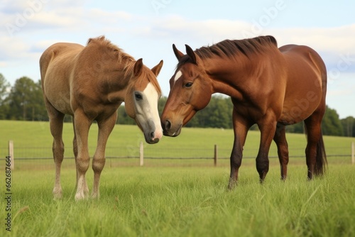 two horses rubbing noses in a pasture © altitudevisual