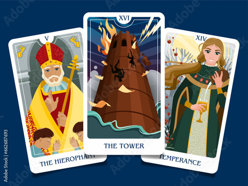 The layout of the senior arcana cards consists of three cards: the tower, temperance, hierophant. Occult esoteric spiritual Tarot. Numerology and fortune telling. Modern vector illustrations