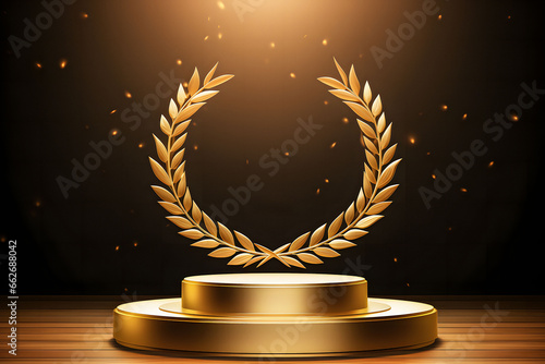 Golden Pedestals With Laurel Wreaths Star Symbol Of Victory Glory And Success
