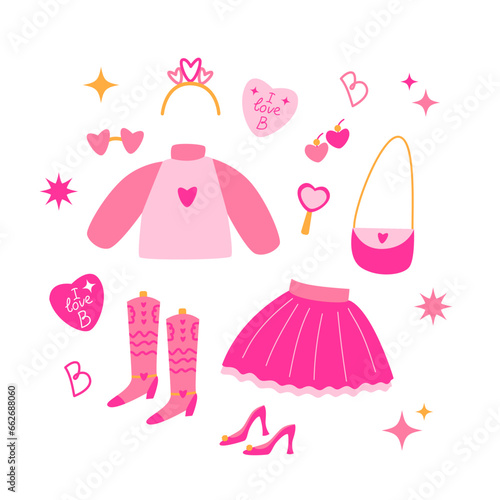 Pink dolls set accessories and clothing. Baby girl, princess. Cute pink icons collection - shoes, dress, bag, mirror. Vector Vector illustration.