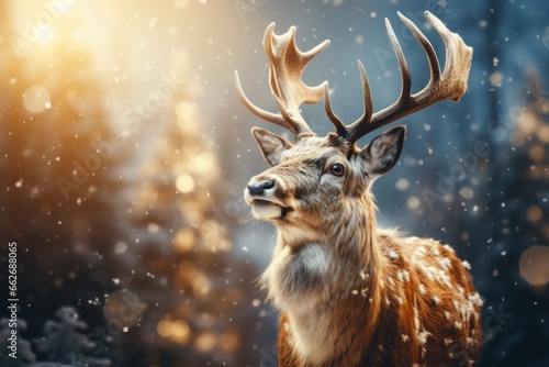 Reindeer on blurred snowy background 