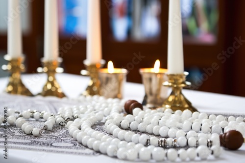 white bahai prayer beads on a civic table