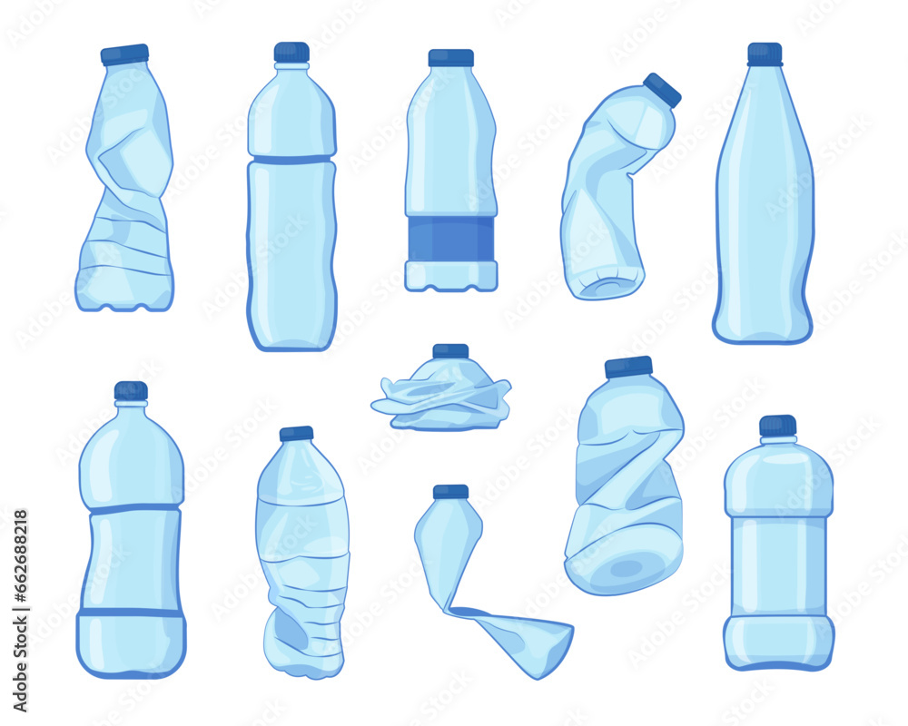 Crumpled bottles. Broken plastic bottles, crushed empty plastic containers, recycle garbage eco concept. Vector isolated set Crumpled bottles. Broken plastic bottles, crushed empty plastic containers, recycle garbage eco concept. Vector isolated set