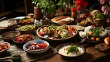 thai food on the table, a wooden table topped with plates of food,