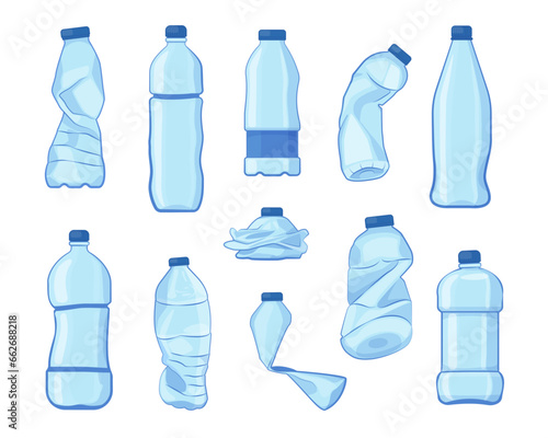 Crumpled bottles. Broken plastic bottles, crushed empty plastic containers, recycle garbage eco concept. Vector isolated set