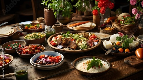 thai food on the table, a wooden table topped with plates of food, © Sajjad-Farooq-Baloch