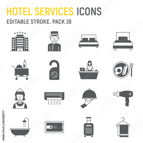 Hotel services glyph icon set, tourism collection, vector graphics, logo illustrations, hotel vector icons, travel signs, solid pictograms, editable stroke