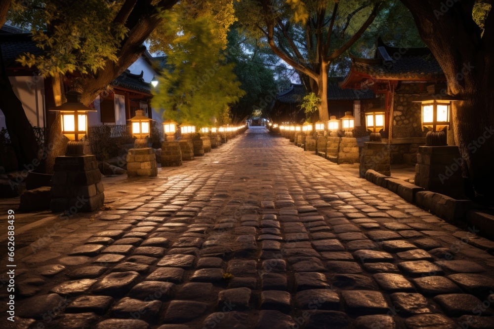 illuminated path lined with stone lanterns