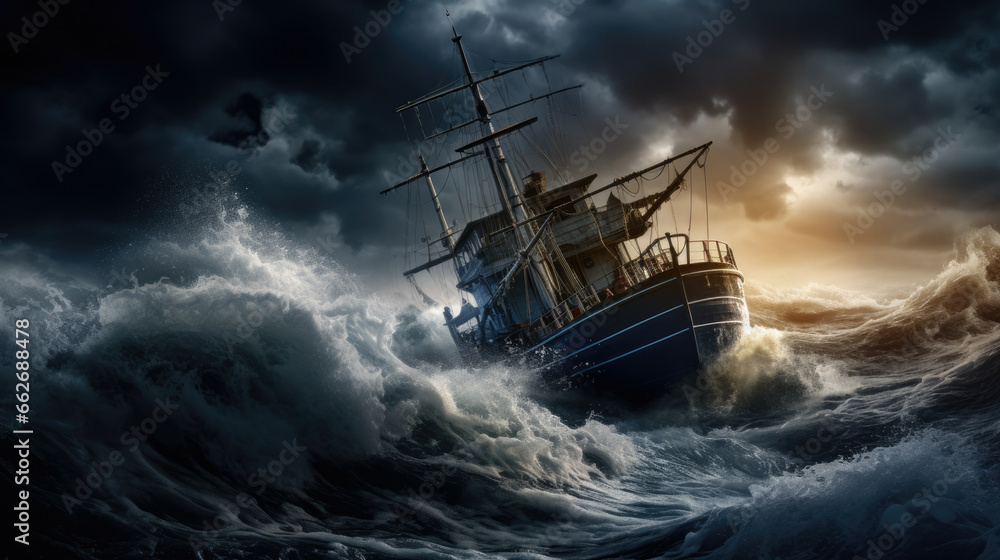Obraz premium Sailing ship is in distress. Sailboat in a strong storm with large waves. Water element concept, wreck.
