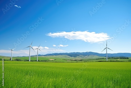 wind turbines in a green grass field against a clear sky