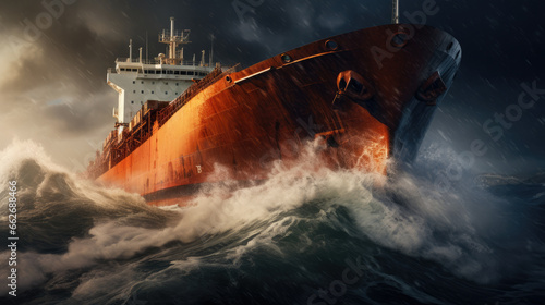 A cargo ship sailing on the sea in a storm. Concept of nature, water element, disaster.