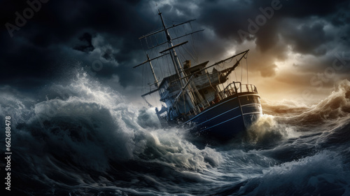 Sailing ship is in distress. Sailboat in a strong storm with large waves. Water element concept, wreck. photo