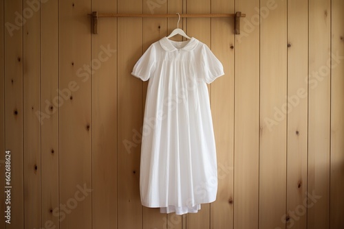 white baptismal gown draped over a wooden hanger