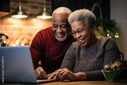 Senior African American Couple Using Computer Together in Kitchen
