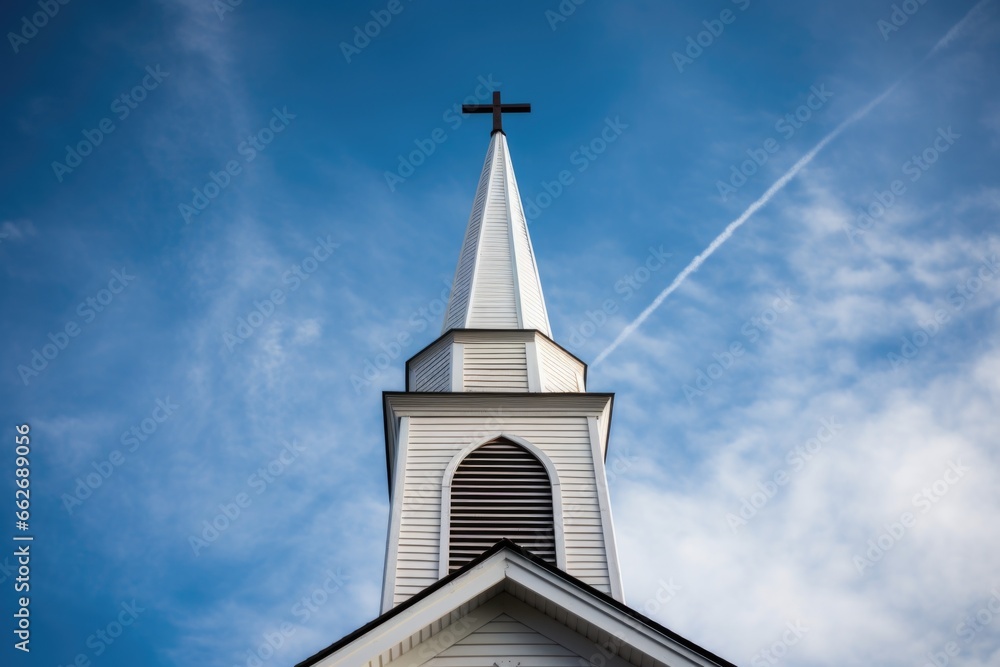 church steeple with a visible bell inside