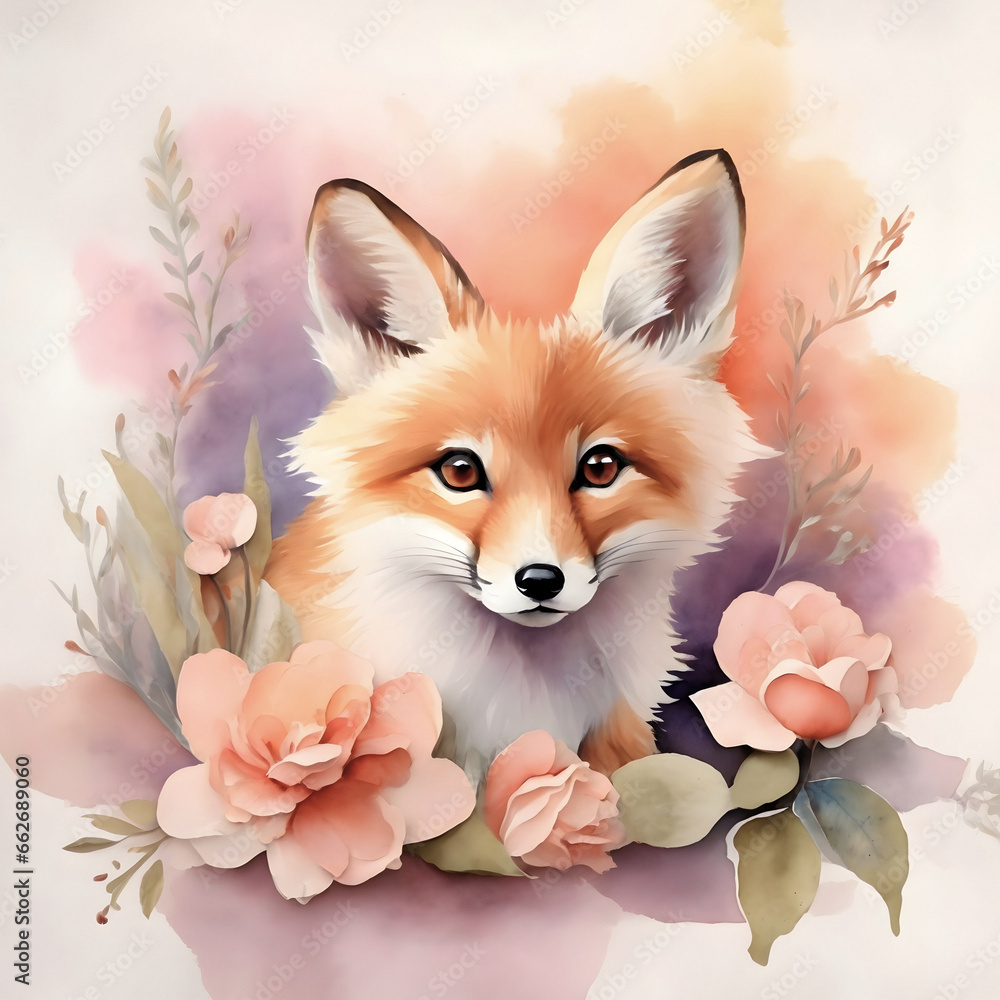 Obraz premium Watercolor painting of a cute fox amidst beautiful flowers. Illustration of woodland animal for design, greeting cards, invitations, template or wall art