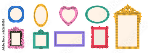 Set of colorful abstract frames or mirrors in retro style. Different shapes vintage photo picture frame design. Modern flat vector illustration isolated on white background