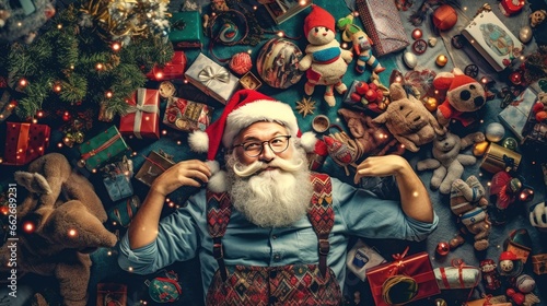 Santa Claus Relaxing Amidst Pile of Christmas Presents