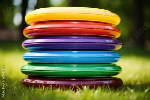 tall stack of colorful tai chi discs