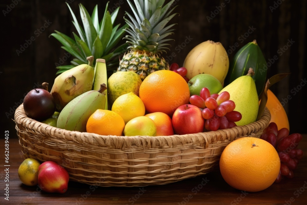 assortment of tropical fruits in a woven basket assortment of tropical fruits in a woven basket