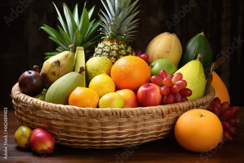 assortment of tropical fruits in a woven basket