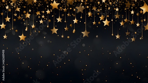 HAPPY NEW YEAR black and gold vector brush calligraphy banner with swashes and stars. Generative AI