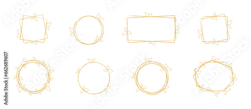 Tableau sur toile Set of beige round, square and rectangular frames with leaves and place for text, isolated on a white background