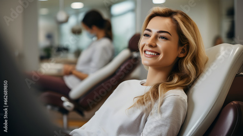Photo of a smiling woman sitting in a dentist's chair. Generative AI