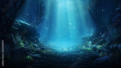 An underwater landscape showcasing the ethereal beauty of bioluminescent organisms lighting up the dark depths of the ocean  creating a surreal and enchanting scene