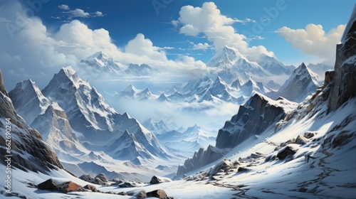 Majestic Snow-Capped Mountains Rise Above Cloud-Covered Valleys